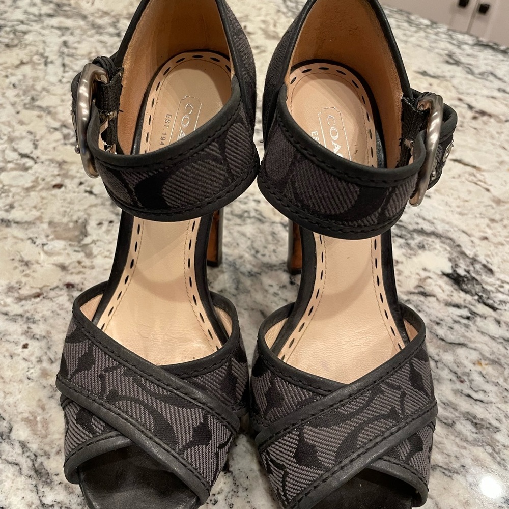 Coach black leather heel sandals. 4” heel; Size 6.